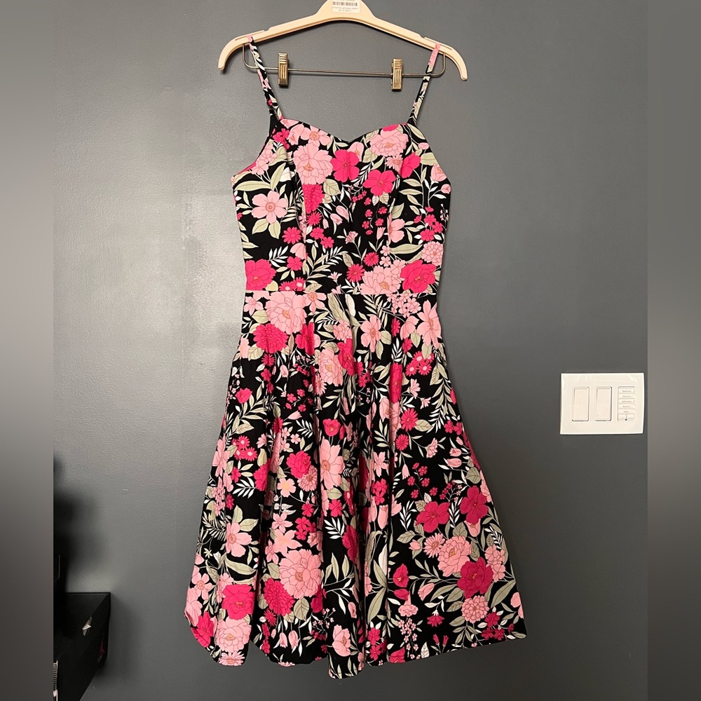 Magnolia Place Floral Pink and Black Midi Dress